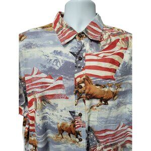Bit & Bridle Western Shirt Mens XL Button Down Horse Flag Rodeo Patriotic